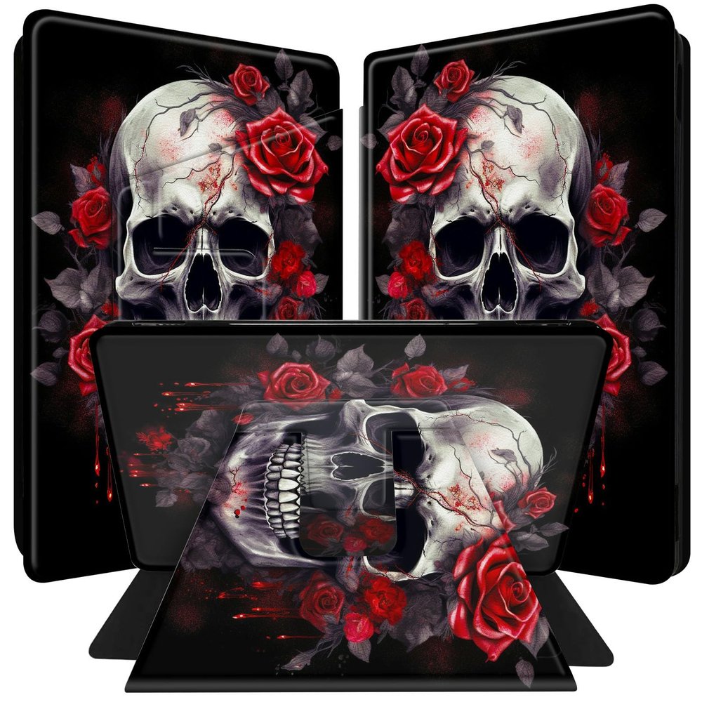 BPQOJB for All-New Kindle 2022 Case 11th Generation 6 inch 2022 Release 360 Degree Rotating PU Leather Smart Cover with Auto Wake/Sleep - Rose Flower Floral Skull