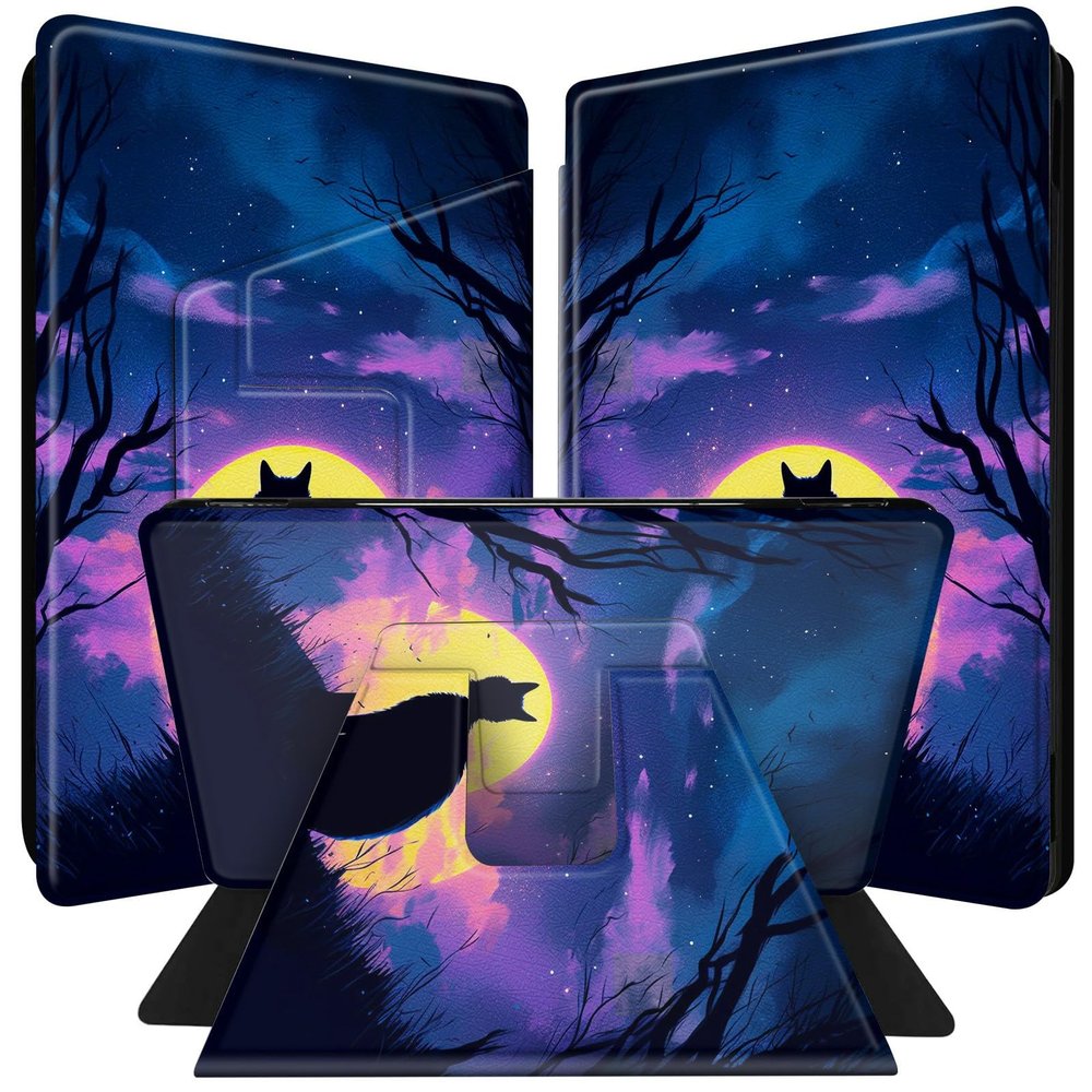 BPQOJB for All-New Kindle 2022 Case 11th Generation 6 inch 2022 Release 360 Degree Rotating PU Leather Smart Cover with Auto Wake/Sleep - Cat Under The Galaxy Moon