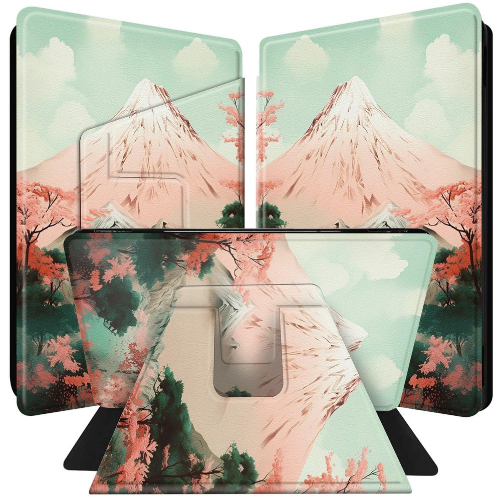 BPQOJB for All-New Kindle Paperwhite Case (11th Generation 6.8 inch 2021 Release) 360 Degree Rotating PU Leather Smart Cover with Auto Wake/Sleep - Mountain Cherry Blossom Tree