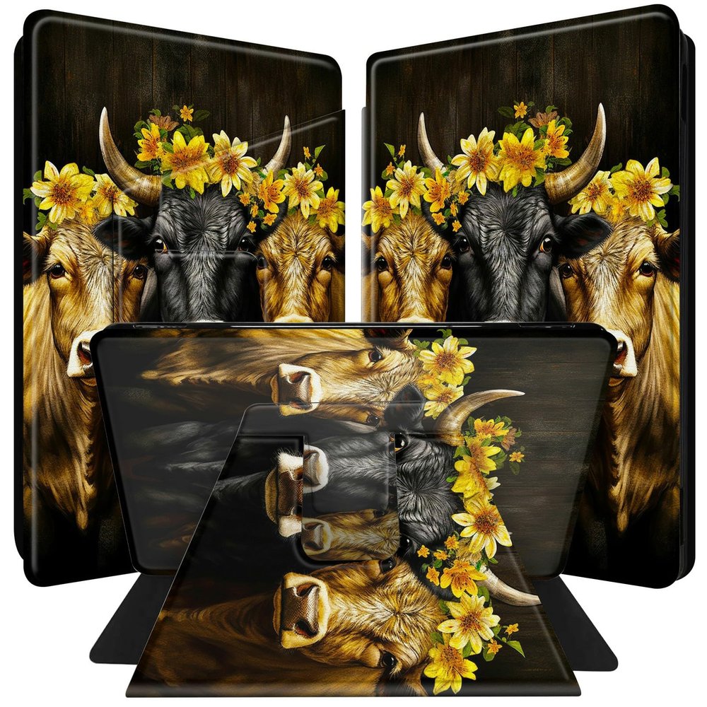 BPQOJB for All-New Kindle Paperwhite Case (10th Generation 6 inch 2018 Release) 360 Degree Rotating PU Leather Smart Cover with Auto Wake/Sleep - Brown Black Cow Sunflower