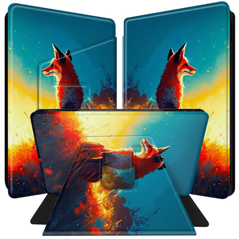 BPQOJB for All-New Kindle Paperwhite Case (11th Generation 6.8 inch 2021 Release) 360 Degree Rotating PU Leather Smart Cover with Auto Wake/Sleep - Cute Fox in The Sunset
