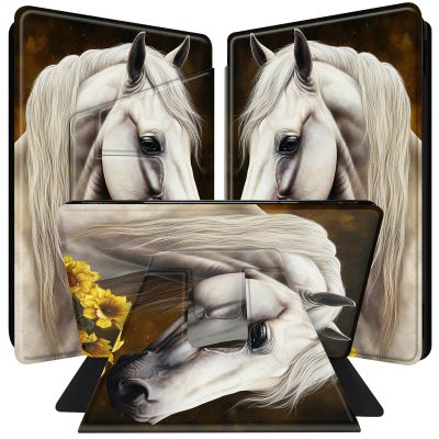 BPQOJB for All-New Kindle Paperwhite Case (11th Generation 6.8 inch 2021 Release) 360 Degree Rotating PU Leather Smart Cover with Auto Wake/Sleep - Sunflowers White Horse