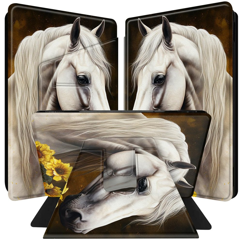 BPQOJB for All-New Kindle Paperwhite Case (11th Generation 6.8 inch 2021 Release) 360 Degree Rotating PU Leather Smart Cover with Auto Wake/Sleep - Sunflowers White Horse