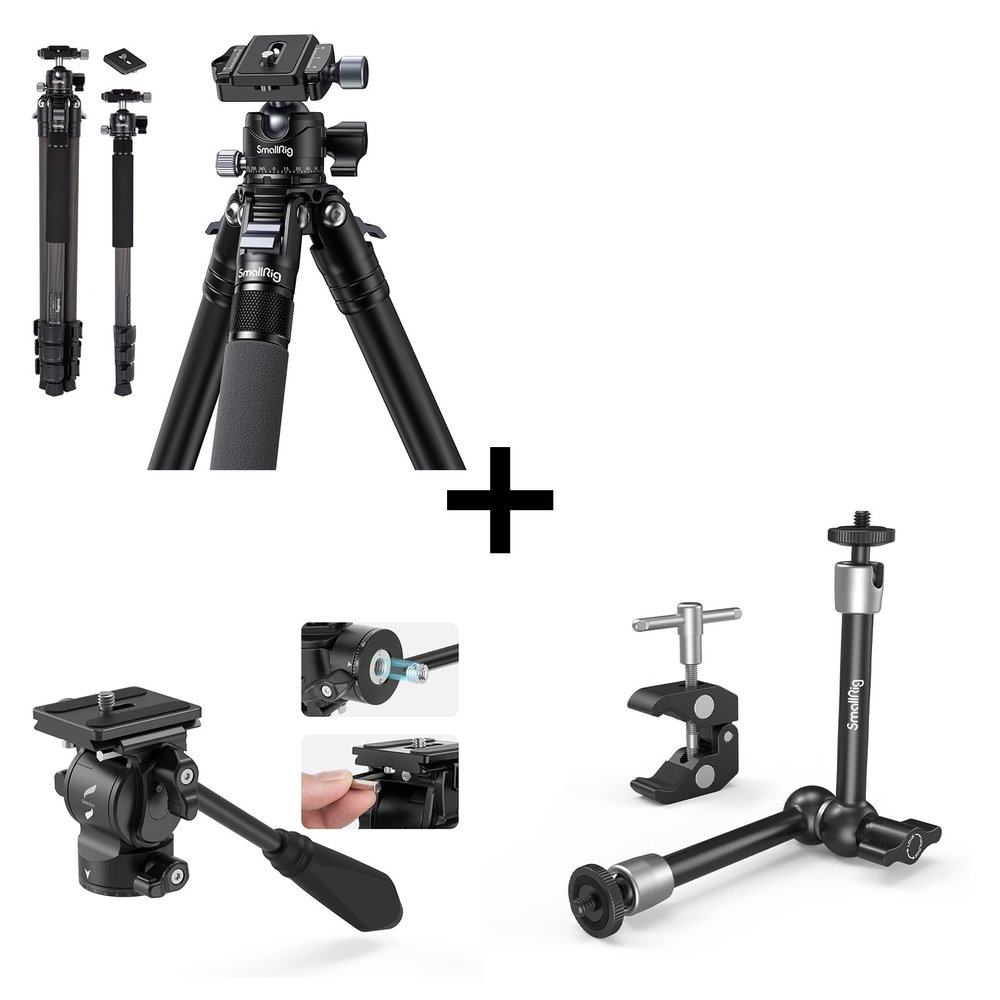 Bundle: SmallRig 54" Lightweight Compact Carbon Fiber Tripod+SmallRig Selection Tripod Fluid Head Pan Tilt Head+SmallRig Clamp w/ 1/4" and 3/8" Thread and 9.8 Inches Adjustable Friction