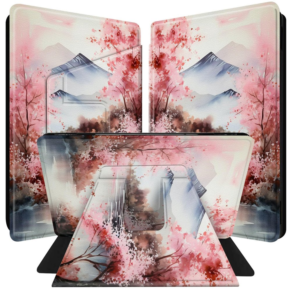 BPQOJB for Kindle Scribe Case 360 Degree Rotating Smart Cover with Adjustable Stand & Auto Wake/Sleep Tablet Case for Kindle Scribe 10.2 inch 2022 - Mountain Cherry Blossom
