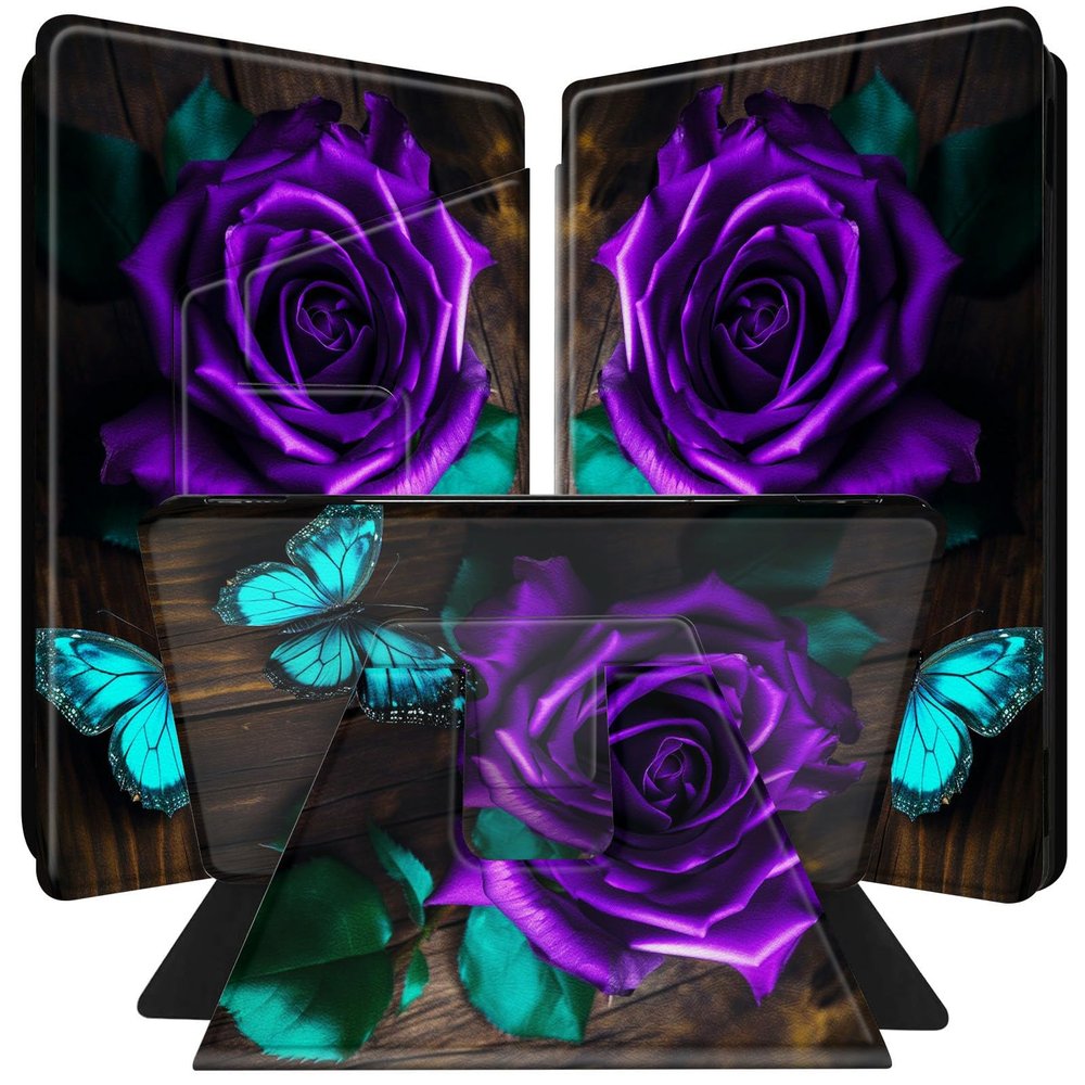 BPQOJB for All-New Kindle 2022 Case 11th Generation 6 inch 2022 Release 360 Degree Rotating PU Leather Smart Cover with Auto Wake/Sleep - Blue Butterfly and Rose