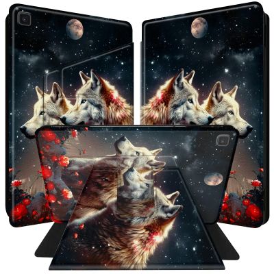 BPQOJB for Samsung Galaxy Tab S6 Lite Case 2022/2020 Release 360 Degree Rotating PU Leather Smart Cover with Auto Wake/Sleep Tablet Case for Galaxy Tab S6 Lite 10.4 inch - Red Flower Wolf Moon