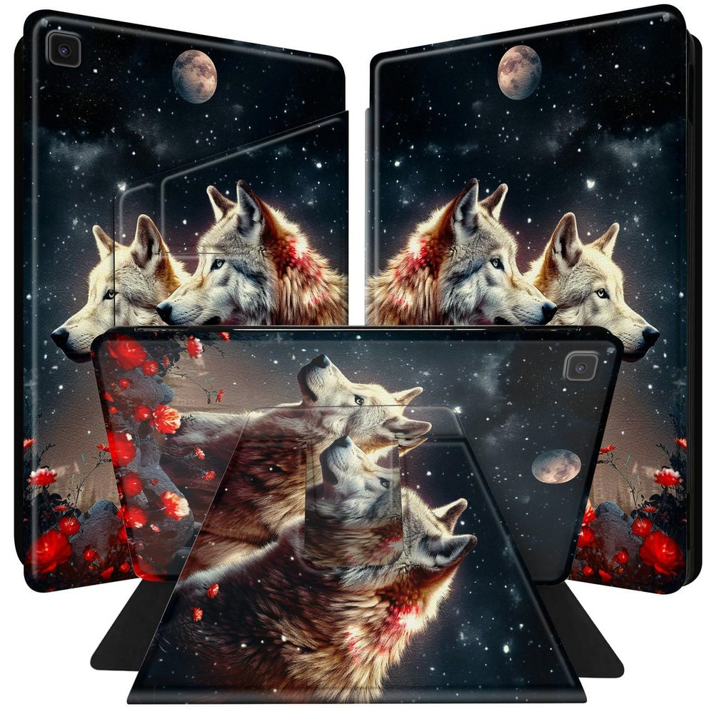 BPQOJB for Samsung Galaxy Tab S6 Lite Case 2022/2020 Release 360 Degree Rotating PU Leather Smart Cover with Auto Wake/Sleep Tablet Case for Galaxy Tab S6 Lite 10.4 inch - Red Flower Wolf Moon