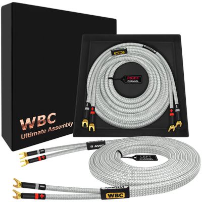 WORLDS BEST CABLES 25 Foot Ultimate - 8 AWG - Ultra-Pure OFC - Premium Audiophile HiFi Speaker Cable Pair with Eminence Spade Plugs & Silver Tweed Jacket