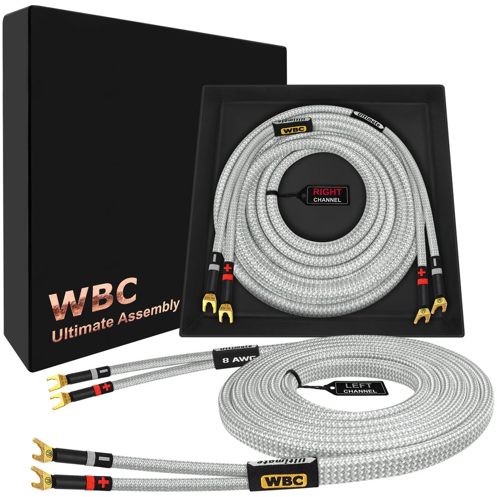 WORLDS BEST CABLES 25 Foot Ultimate - 8 AWG - Ultra-Pure OFC - Premium Audiophile HiFi Speaker Cable Pair with Eminence Spade Plugs & Silver Tweed Jacket
