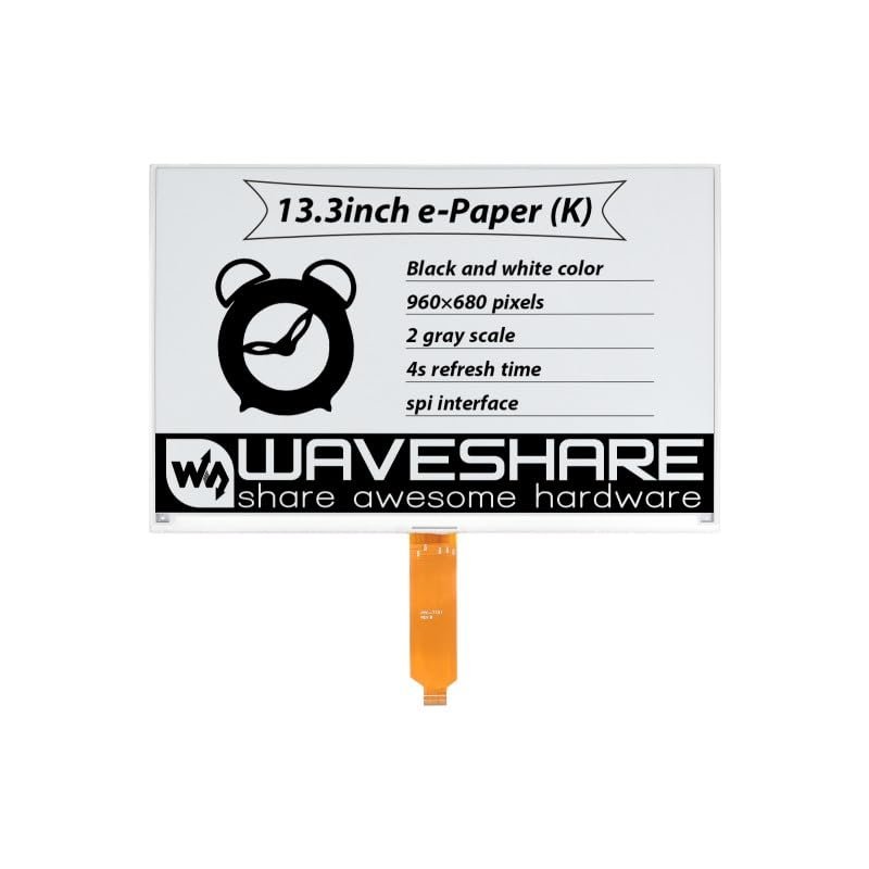 13.3inch E-Ink E-Paper Raw Display Compatible with Raspberry Pi 960680 Pixels Resolution SPI Interface Communication Without PCB Low Power Consumption Wide Viewing Angle