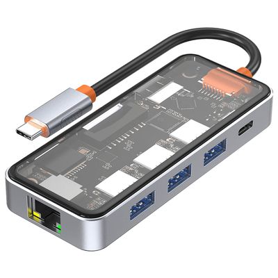 DroiX NT8 Clear USB Hub with Ultra-Fast RJ45 Gigabit Ethernet, 4K HDMI 2.0 Output, Rapid 100W PD Charging, Versatile 3X USB Type-A 3.0 Ports, Dual Micro/SD Card Readers, Sleek Design.