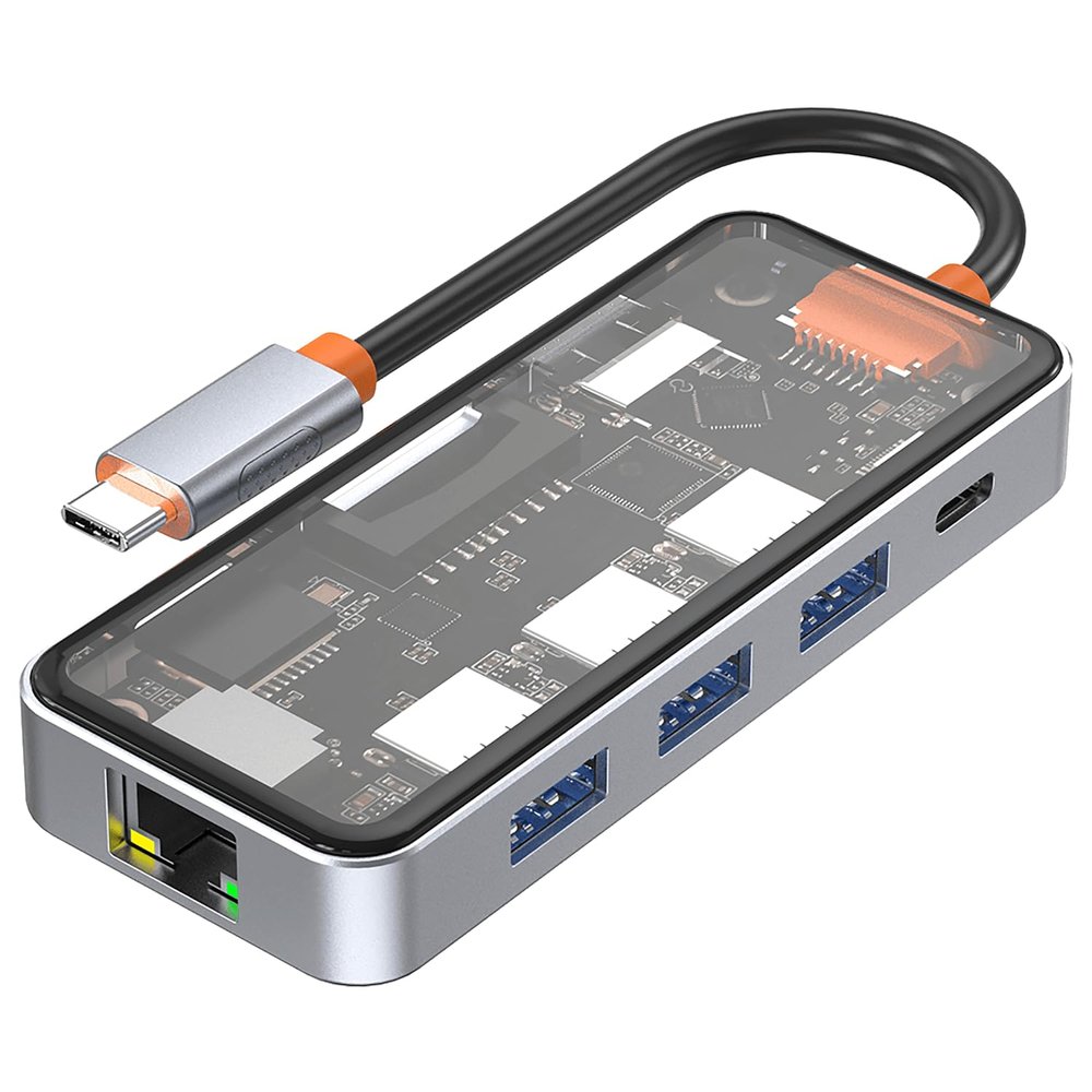 DroiX NT8 Clear USB Hub with Ultra-Fast RJ45 Gigabit Ethernet, 4K HDMI 2.0 Output, Rapid 100W PD Charging, Versatile 3X USB Type-A 3.0 Ports, Dual Micro/SD Card Readers, Sleek Design.