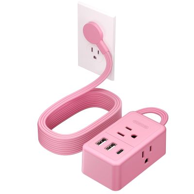 NTONPOWER Pink Extension Cord 10 ft, Pink Power Strip Extension Cord Flat Wall Plug with 3 Outlets 3 USB (1 USB C), Flat Extension Cord for Home Office Dorm Room Essentials