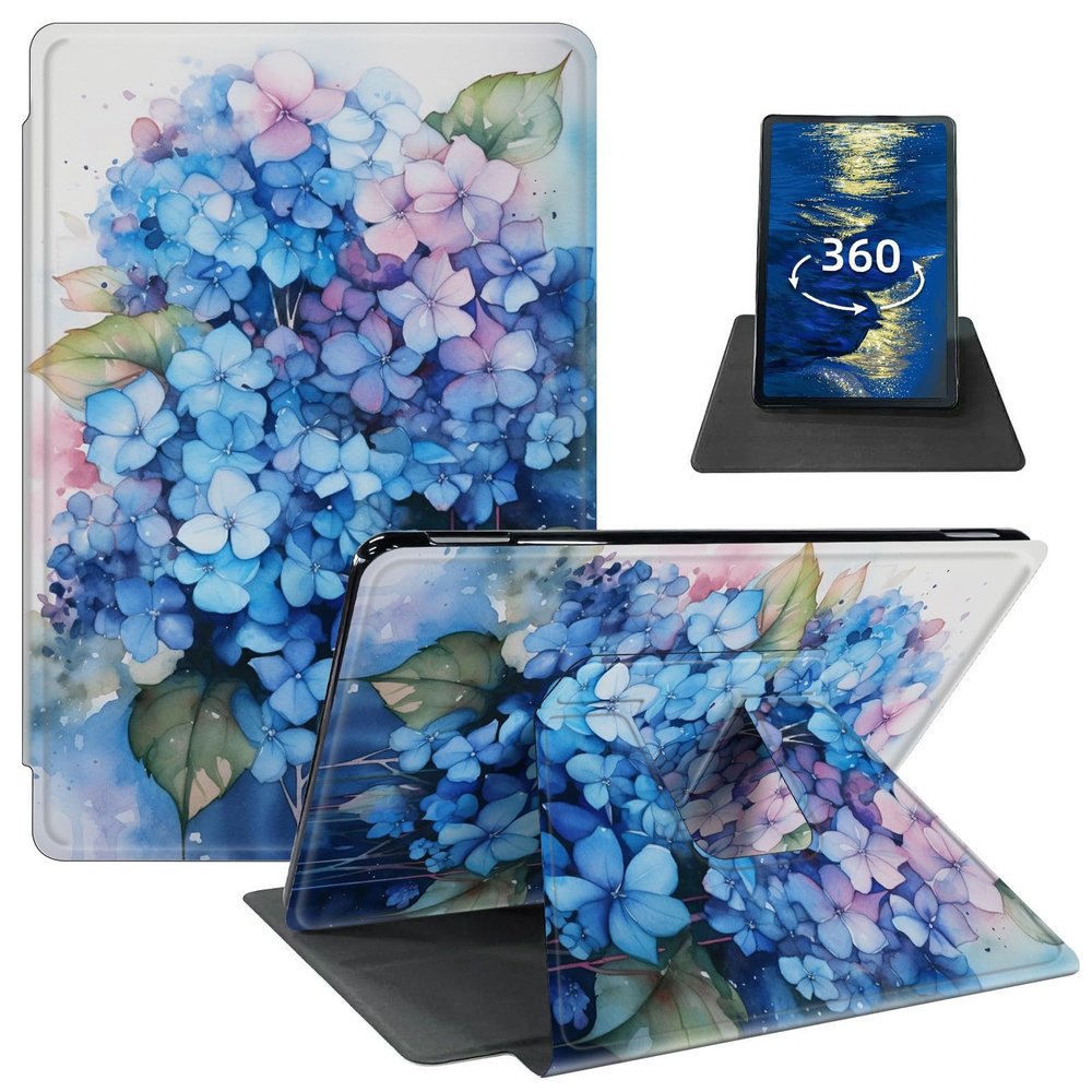 Case for 6.8" Kindle Paperwhite (11th Generation 2021) and Kindle Paperwhite Signature Edition PU Leather 360 Degree Rotating Swivel Stand Smart Cover with Auto Wake/Sleep,Blue Hydrangea Flowers
