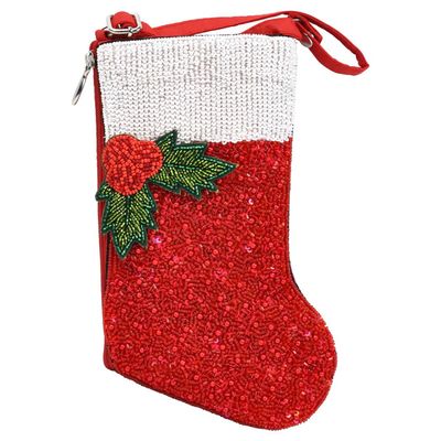 Holiday Traditions Beaded Christmas Stocking Crossbody Phone Bag, Red - Festive Club Style Handbag for Women