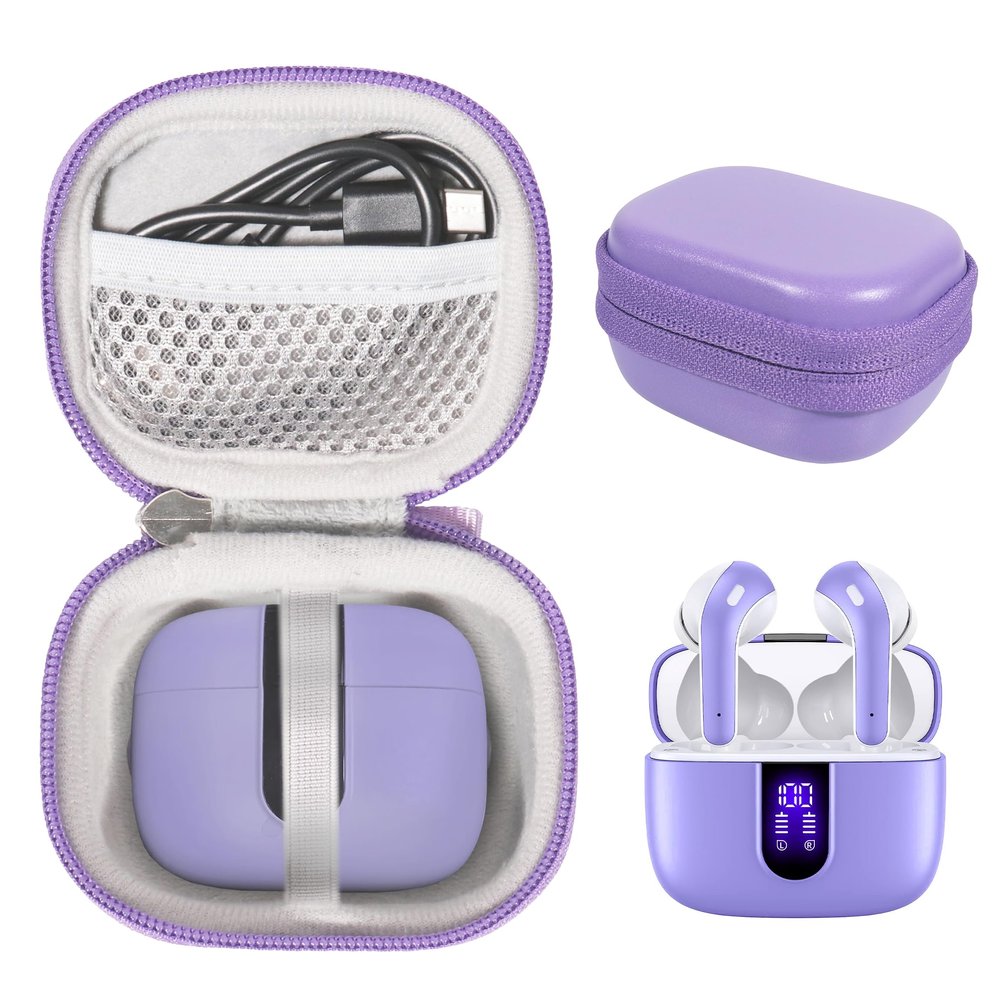 CaseSack Case for TAGRY X08 Bluetooth Headphones True Wireless Earbuds 60H, mesh Pocket for Charge Cable (Purple)