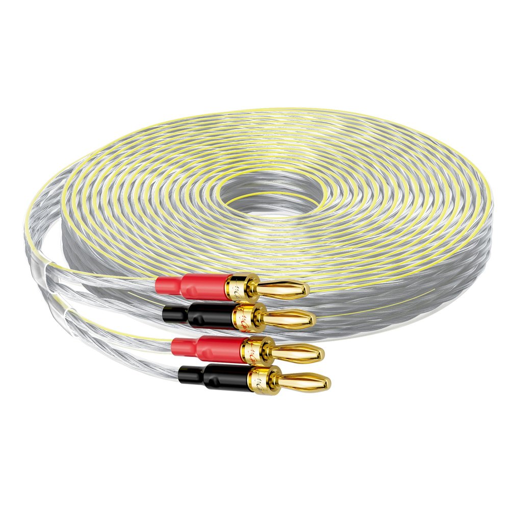 Mygatti 16/2 Speaker Flat Wire Cable with Banana Tip Plugs 100 FT, 16 Gauge AWG Wire, Tinned OFC Copper, Transparent Jacket with Yellow Polarity Marker, for Indoor & Outdoor, Hi-Fi