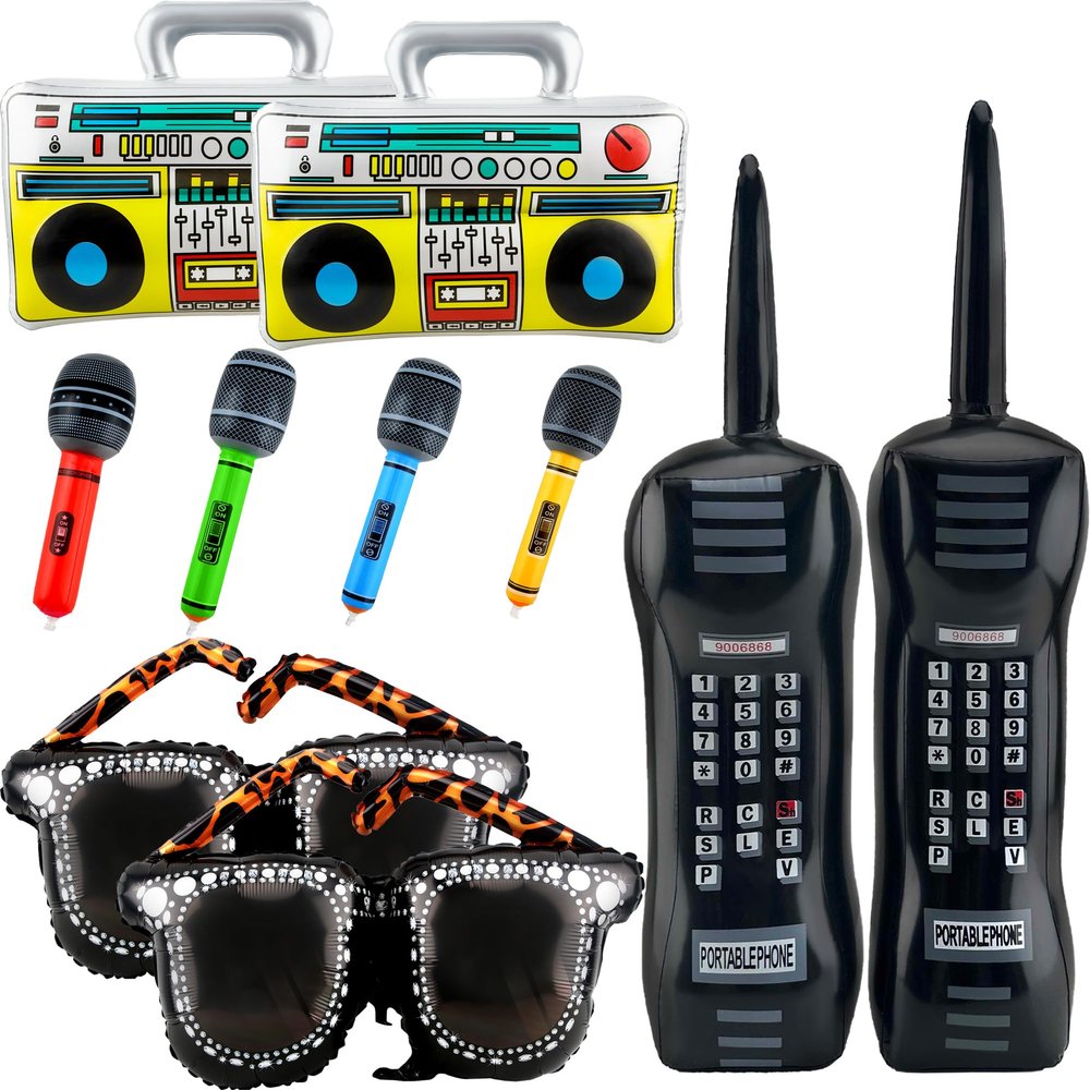 Cagemoga 10 Pcs 80s 90s Inflatable Decorations Includes Inflatable Radio Boombox Inflatable Mobile Phone Inflatable Microphone Inflatable EyeGlasses for 80s 90s Hip Hop Theme Party Decorations