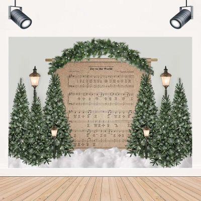 Christmas Tree Photography Backdrop Snow Joy to The World Music Score Decor Prop Child Birthday Portrait Background Winter Snow Scene Xmas Party Decorations Background Photo Studio,7x5feet