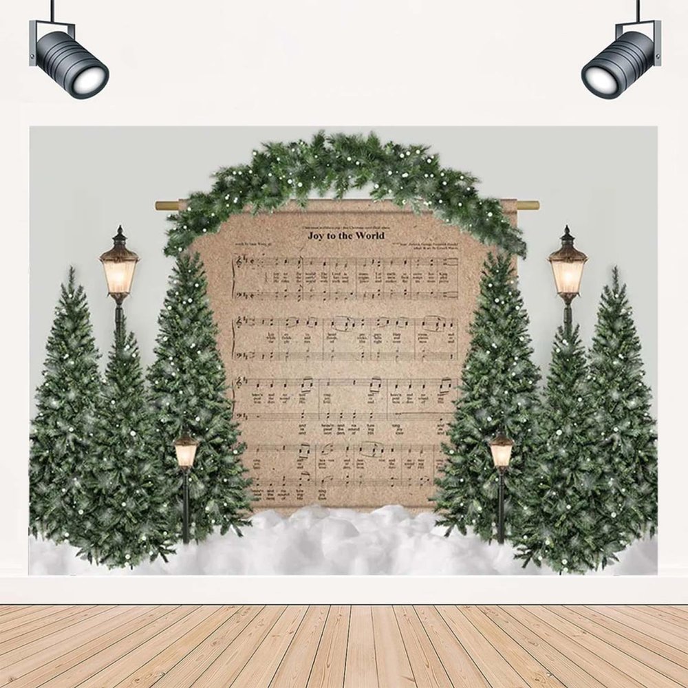 Christmas Tree Photography Backdrop Snow Joy to The World Music Score Decor Prop Child Birthday Portrait Background Winter Snow Scene Xmas Party Decorations Background Photo Studio,7x5feet