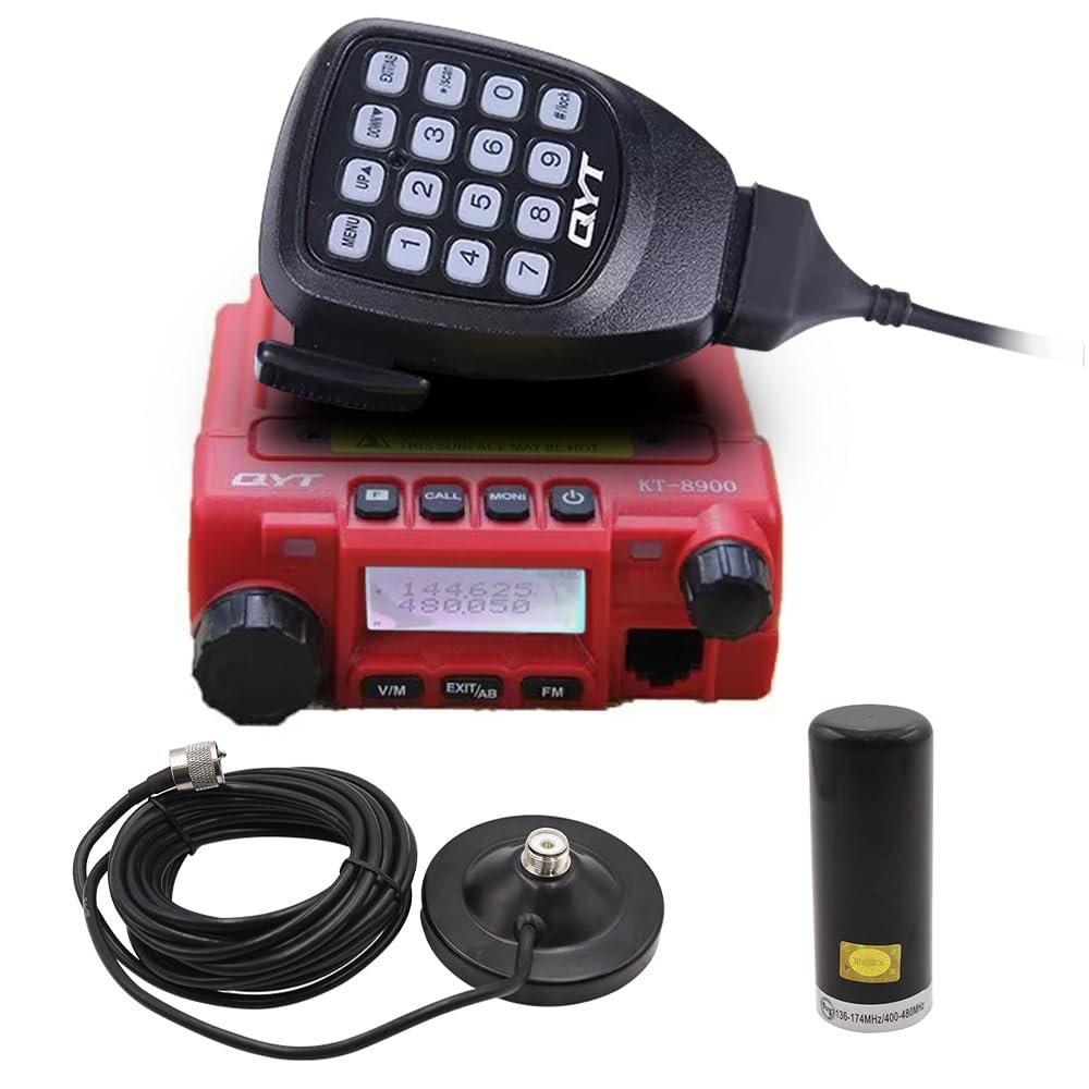 KT-8900 Mic Mini Car Mobiel Radio VHF/UHF Dual Band 25 Watts 200CH Transceiver Receiver Dual Standby Long Range Red with Mini Antenna and Magnet
