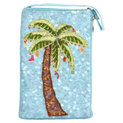Holiday Palm Tree Beaded Crossbody Bag, Blue Multi-Colored Christmas Phone Purse with Club Style Charm