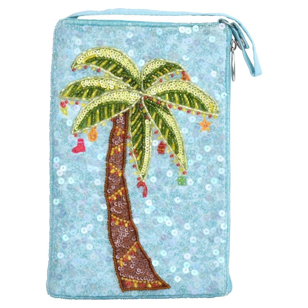 Holiday Palm Tree Beaded Crossbody Bag, Blue Multi-Colored Christmas Phone Purse with Club Style Charm