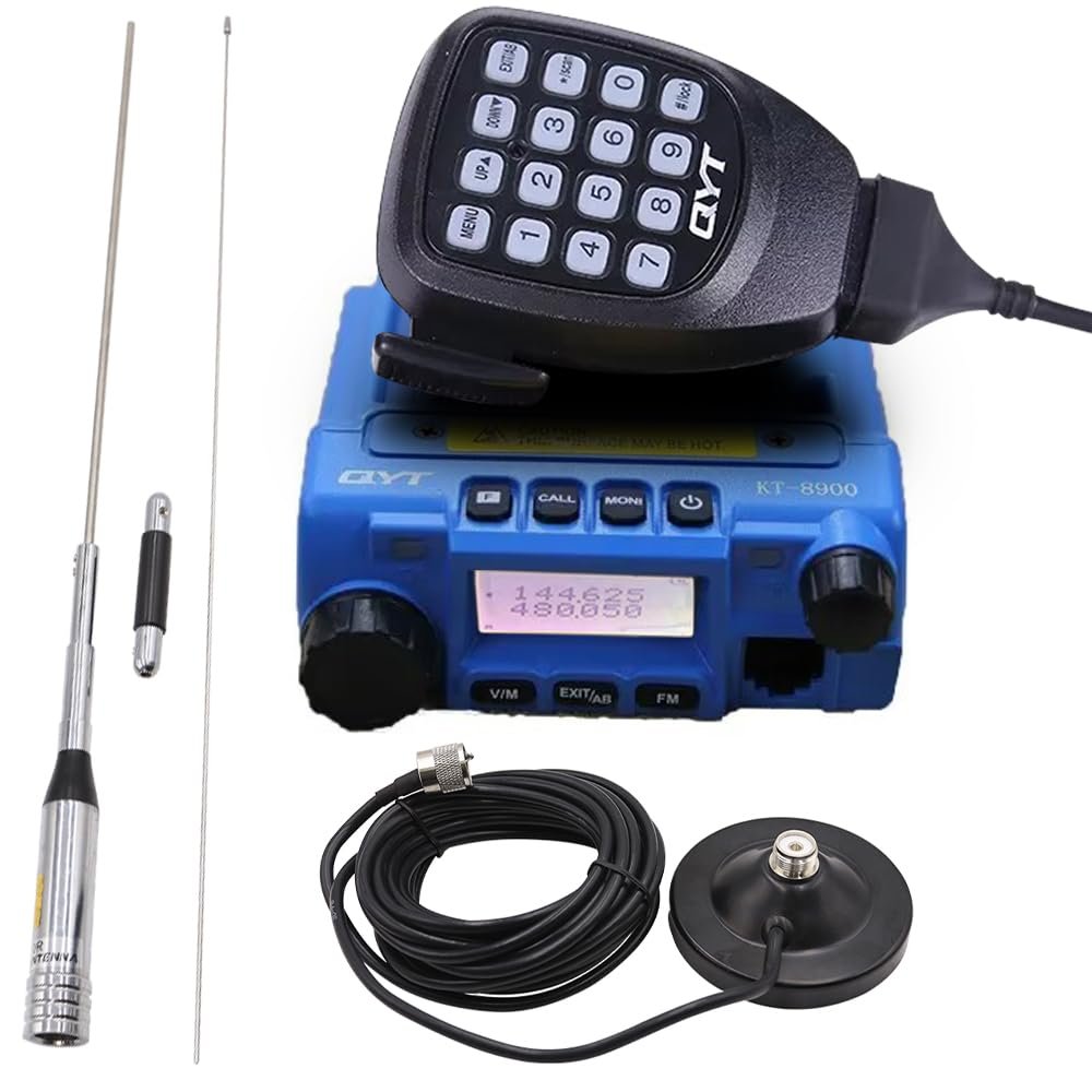 KT-8900 Mic Mini Car Mobiel Radio VHF/UHF Dual Band 25 Watts 200CH Transceiver Receiver Dual Standby Long Range Blue with 770R Antenna and Magnetic