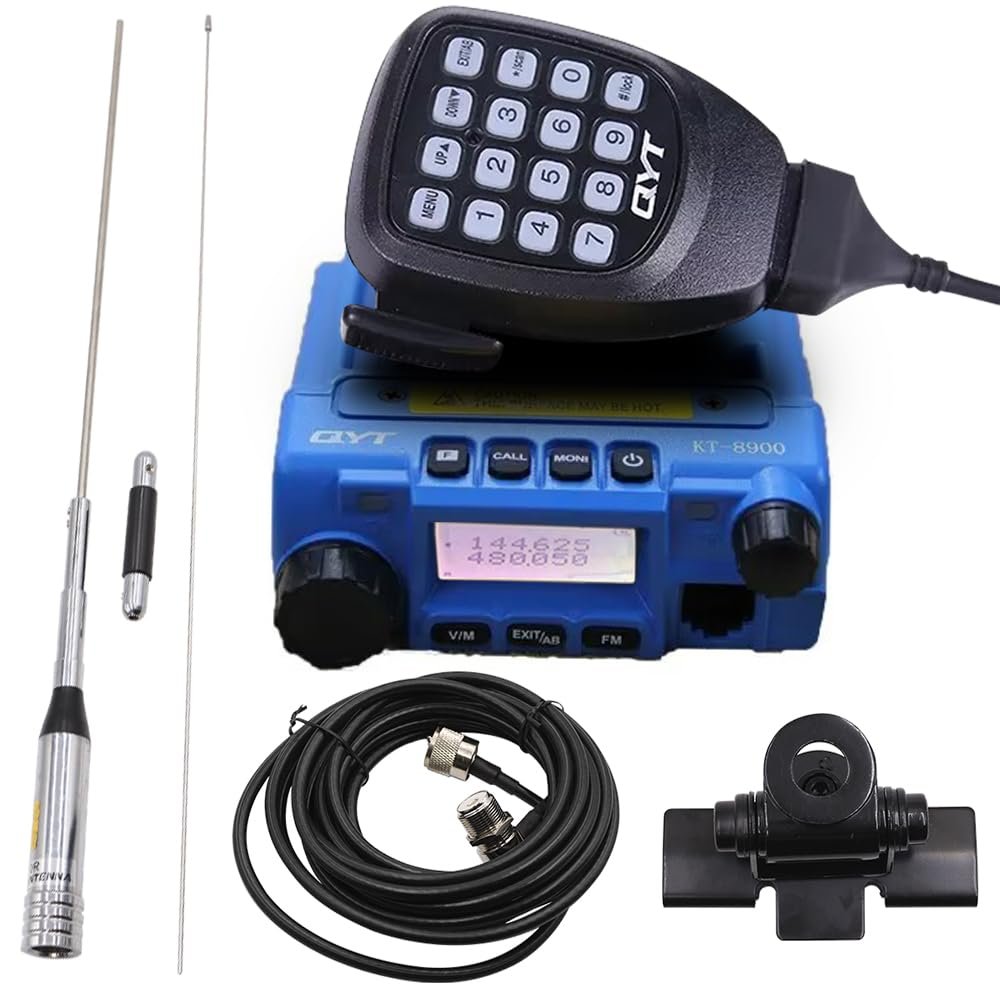 KT-8900 Mic Mini Car Mobiel Radio VHF/UHF Dual Band 25 Watts 200CH Transceiver Receiver Dual Standby Long Range Blue with 770R Antenna Cable and Clip