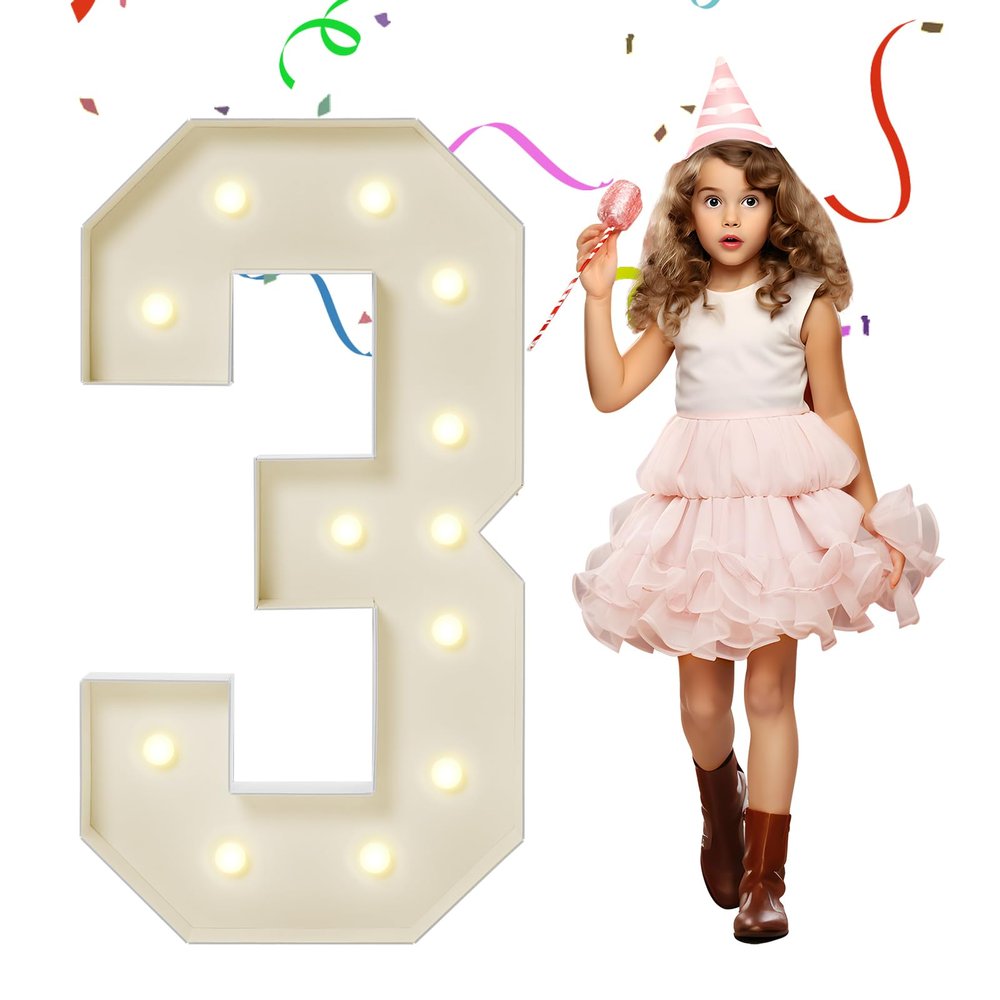 eufony 4FT Marquee Numbers, Large Light Up Numbers 3 for 3rd 13th 23th Birthday Party Decorations, Giant Light Up Number for Anniversary Decor, 4 Feet Mosaic Number 3 with LED Lights DIY Kit