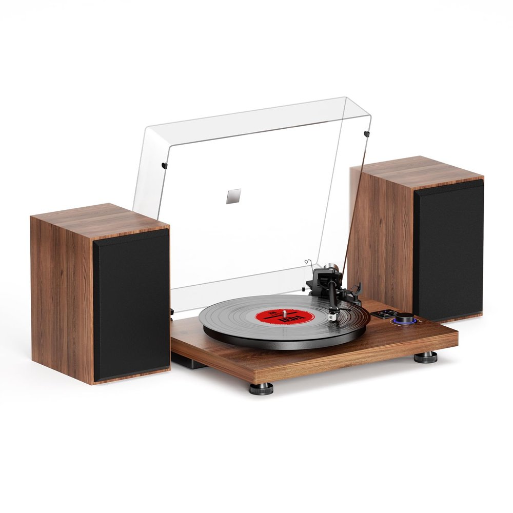 FEKTIK Record Player with Magnetic Cartridge, Bluetooth Belt Drive Vinyl Turntable High Fidelity System with 36 Watt Bookshelf Speakers, Built-in Phono Preamp, USB Recording and Auto Stop