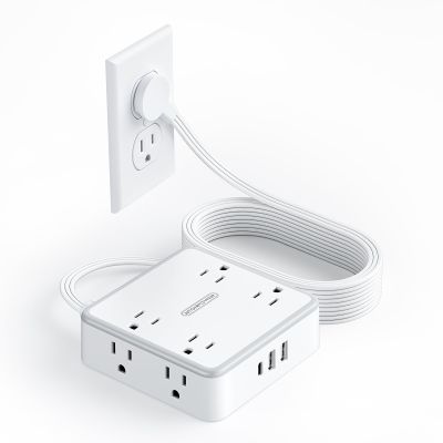 Flat Extension Cord 10 FT Long Power Strip with 8 Outlets 3 USB Ports, Flat Plug Wall Mount Outlet Extender, Indoor Extension Cord with Multiple Outlets, White, WideCube