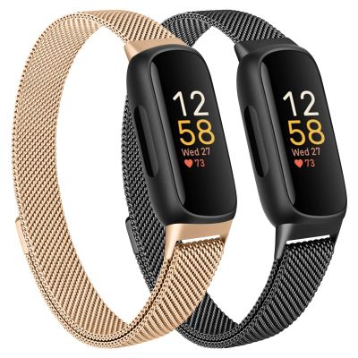 Meliya Compatible with Fitbit Inspire 3 Bands Women Men, Stainless Steel Metal Mesh Loop Adjustable Magnetic Wristband Replacement Straps Compatible with Fitbit Inspire 3 Fitness Tracker (Black+Rose