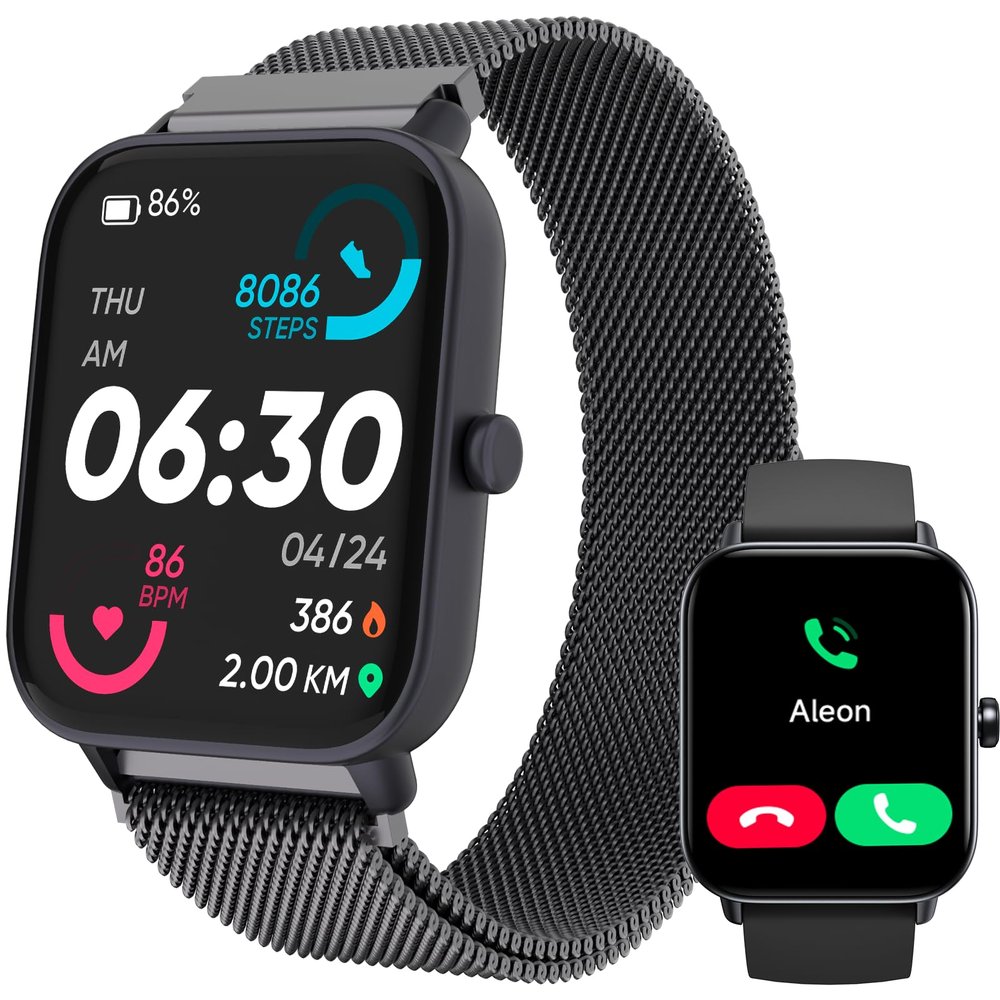 TOOBUR Smart Watch for Women Men Alexa Built-in, 1.8" Compatible Android iOS, Answer&Make Call/Heart Rate/Step Counter/Sleep Tracker/100 Sports, Fitness Tracker Watch IP68 Waterproof, MetalBlack
