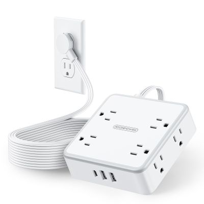 NTONPOWER 3 Prong Extension Cord 25 FT, Flat Plug with 8 Widely Outlets 3 USB Ports (1 USB C), 1080J Long Surge Protector Power Strip, Wall Mountable, Desk Charging Station, White, WideCube
