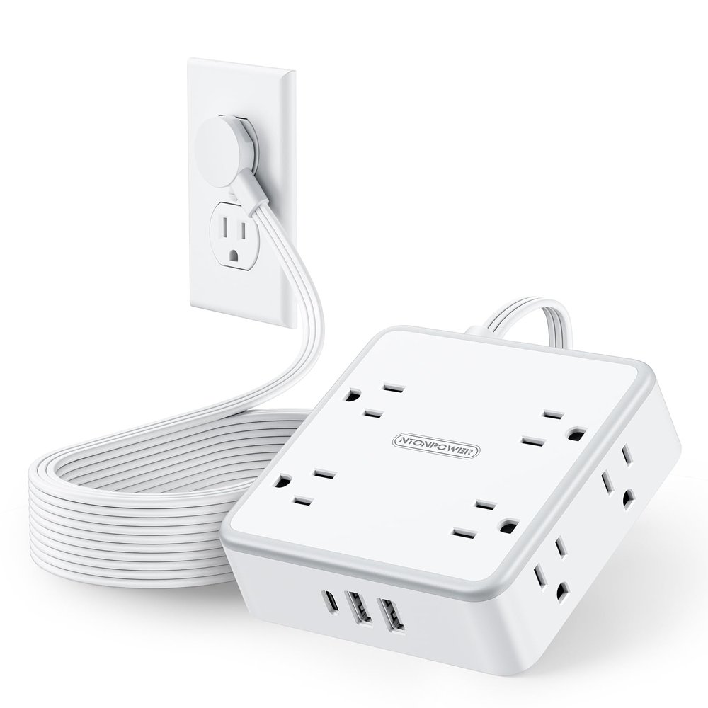 NTONPOWER 3 Prong Extension Cord 25 FT, Flat Plug with 8 Widely Outlets 3 USB Ports (1 USB C), 1080J Long Surge Protector Power Strip, Wall Mountable, Desk Charging Station, White, WideCube
