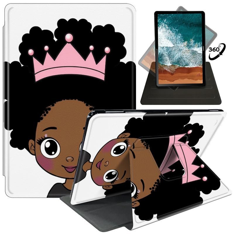Case for 6.8'' Kindle Paperwhite (11th Generation,2021)+Paperwhite Signature Edition,360 Degree Rotating Swivel Stand Cover for Paperwhite E-Reader 6.8 Inch-Kawaii Black Girl with Crown