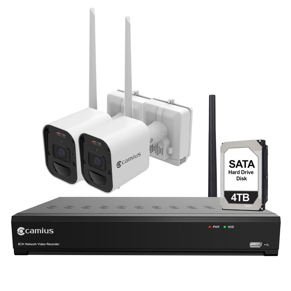 Camius 4K Outdoor Wireless Security Camera System with 8 Channel NVR, 2 Outdoor Battery Operated Cameras with Siren, 4TB Hard Disk, for Home Security, Business