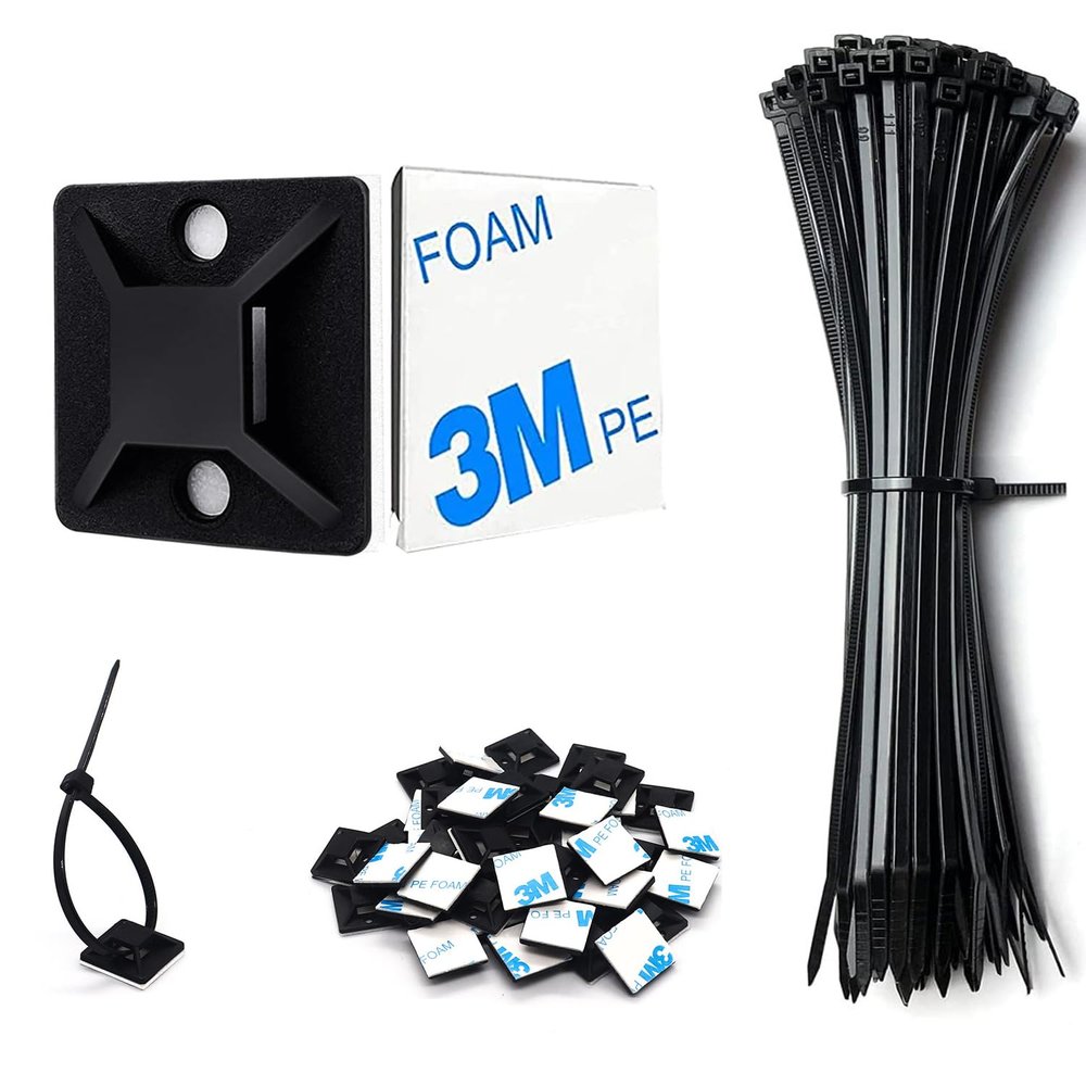50 Set Cable Zip Tie Self Adhesive Mounts Kit with 6" Zip Ties, 3/4" Wire Holders Squares, Screws - Sticky Wire Fasteners Cable Clips Management Anchors Organizer