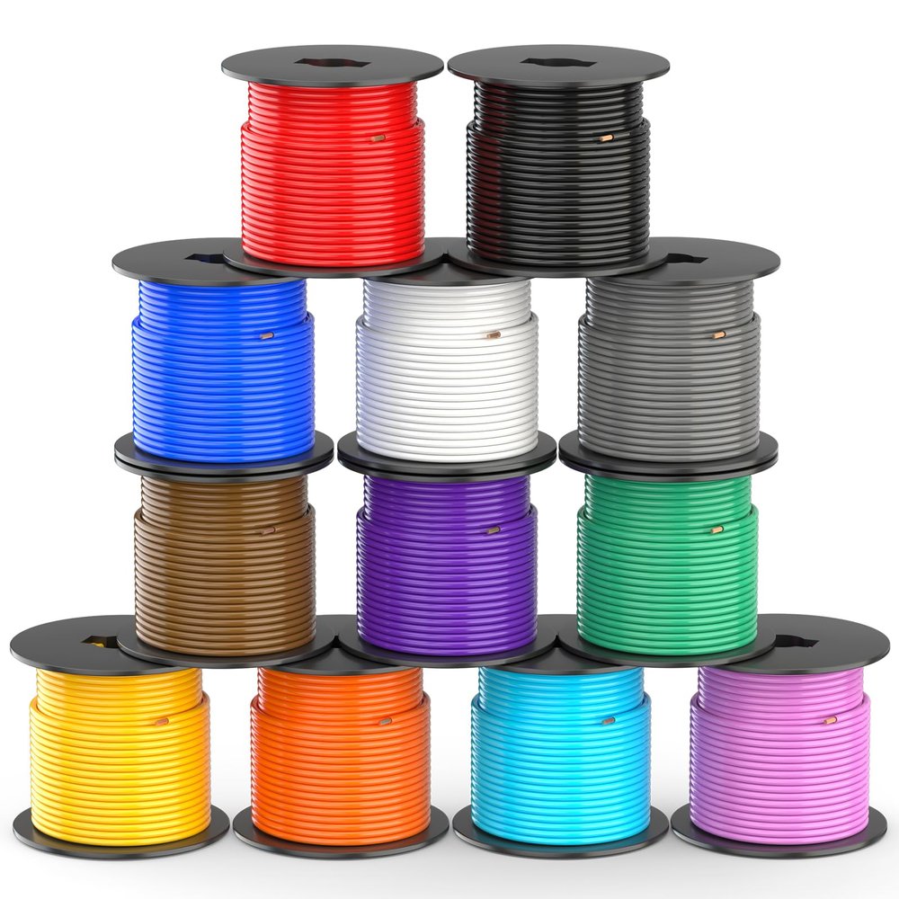 SUZCO 12 Pack 100FT Automotive Primary Wire Spools Enough 14 Gauge Meets SAE J1128, M1L56A & MS3450 Standards CCA Low Voltage Electrical Hookup Wiring for Car Audio Stereo Trailer