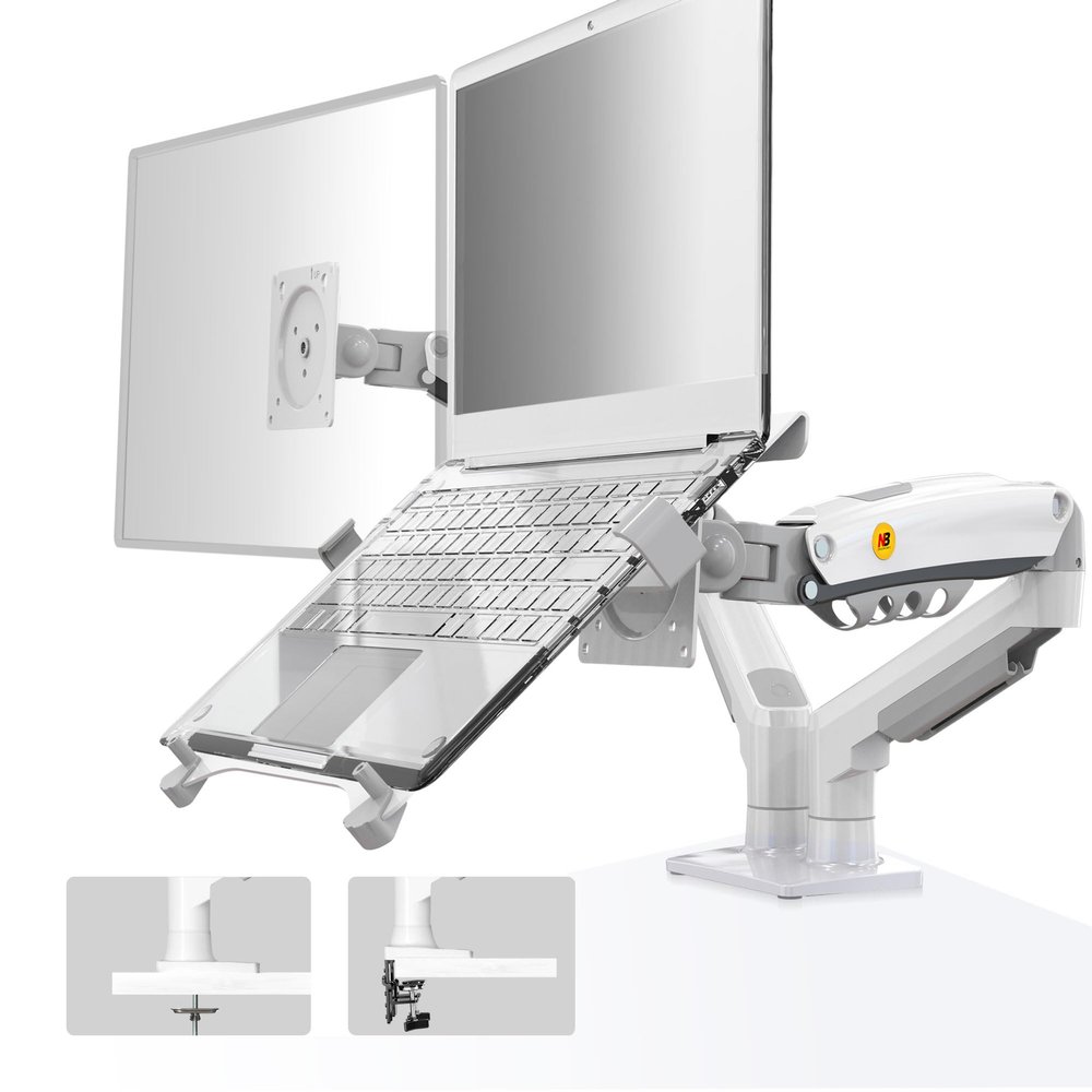 NB North Bayou Laptop Mount with Adjustable Tray for 10-17Notebook, Full Motion Arm with VESA Plate for 17-30Monitor,Clamp-on Grommet Mounting F160-FP (White)
