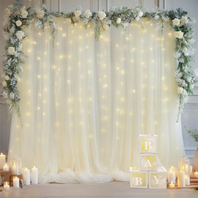 1010ft Cream White Tulle Backdrop Curtain with Lights String for Parites, Sheer Photo Curtain Backdrop Drapes for Wedding Party Photography Backgrounds