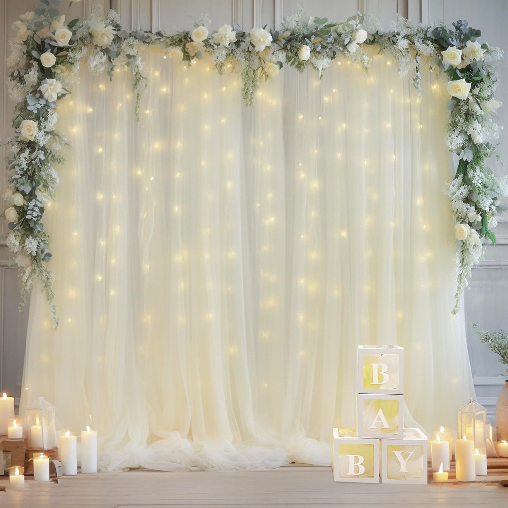 1010ft Cream White Tulle Backdrop Curtain with Lights String for Parites, Sheer Photo Curtain Backdrop Drapes for Wedding Party Photography Backgrounds