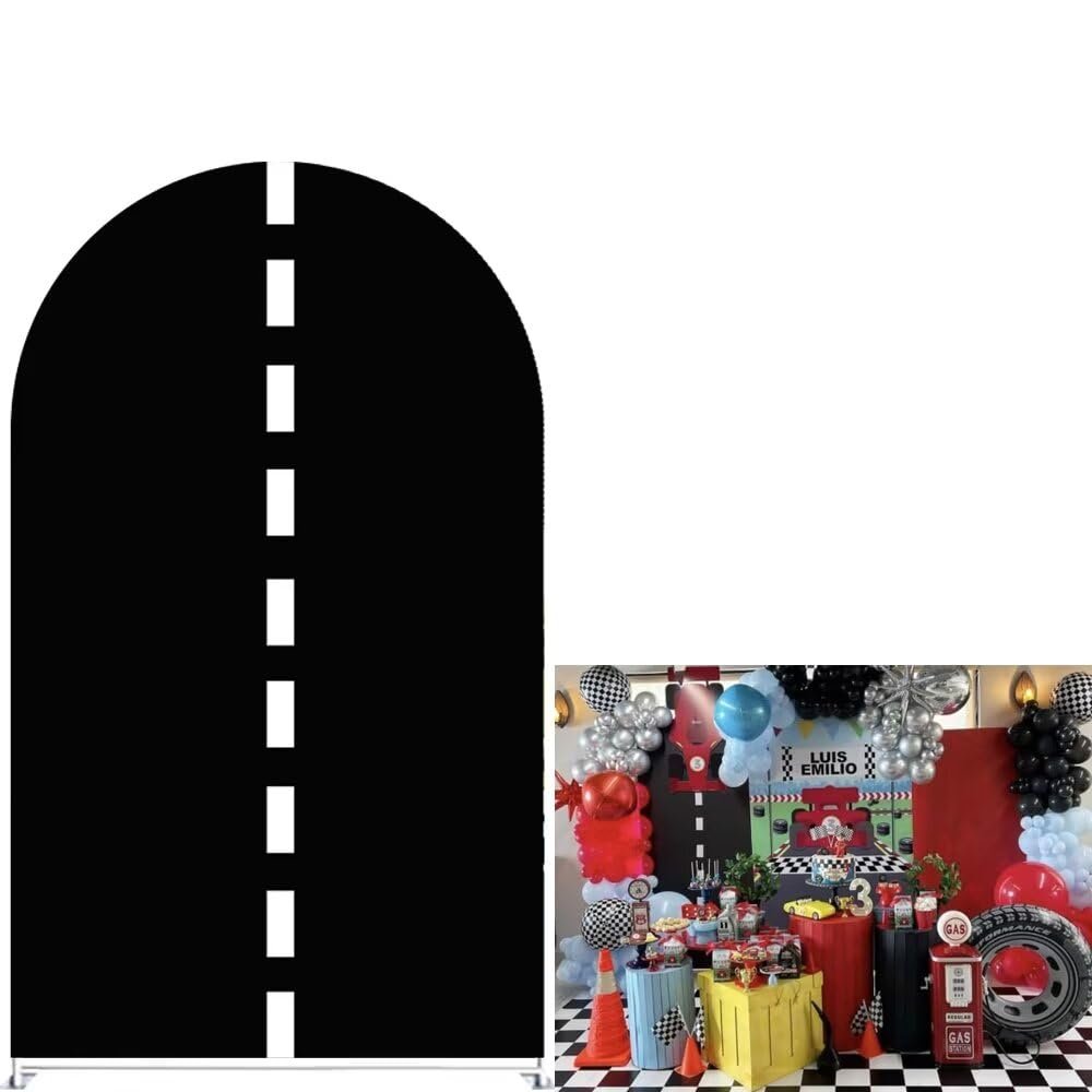 Aerdce Black Track Arch Stretchy Fabric Covers Round Top Arched Stand Backdrop Cover for Racing Party Birthday Baby Shower Decoration Banner(Cover and Stand)