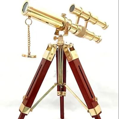 Telescope Solid Brass Double Barrel Spyglass Telescope with Wooden Tripod Marine Scope for Watching Camping Collectible Item