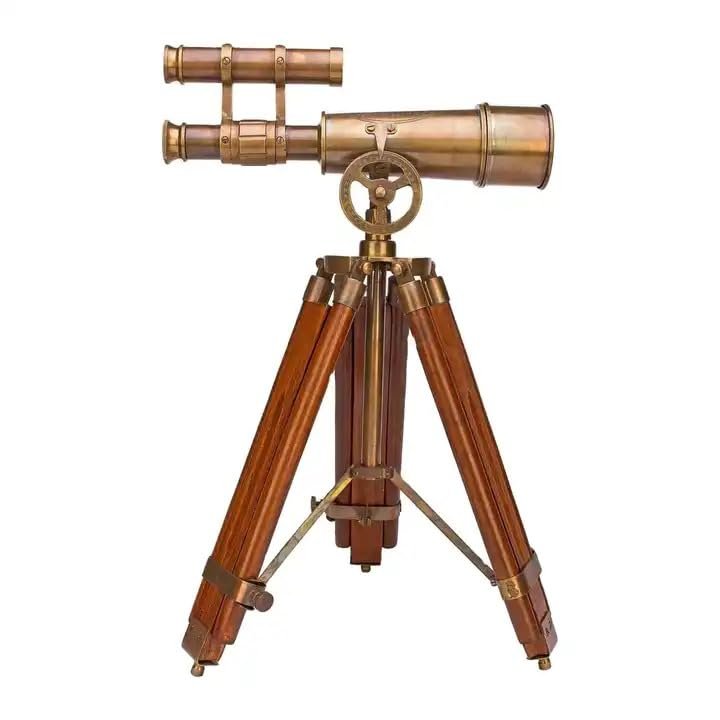 Vintage Brass Telescope 10 Inch Double Barrel and Wooden Tripod Stand Telescope for Watching Camping Collectible Item