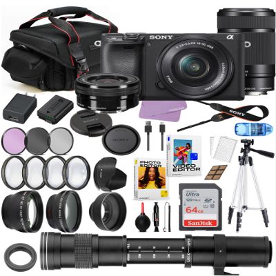 Sony A6400 Mirrorless Camera with 16-50mm & 55-210mm Lens Bundle + 420-800mm Lens + Commander Optics Accessories Pro Including Filters, Case, Aux Lenses + 64GB Memory, Software Package (Renewed)