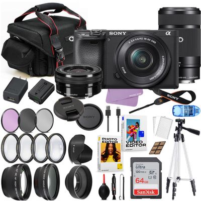 Sony A6400 Mirrorless Camera with 16-50mm & 55-210mm Lens Bundle + Commander Optics Accessories Pro Package Including Filters, Auxiliary Lenses + 64GB Memory, Software Package & More (Renewed)