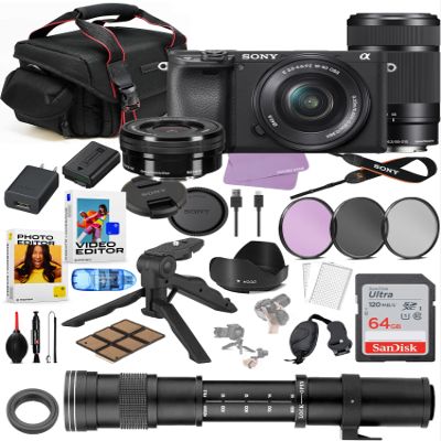 Sony A6400 Mirrorless Camera with 16-50mm & 55-210mm Lens Bundle + 420-800mm Lens + Commander Optics Accessories Including Filters, Grip Strap + Sandisk 64GB Memory, Software Package & More (Renewed)